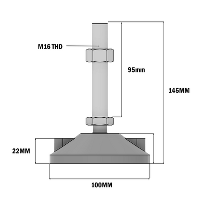 30-M16D100-1 MODULAR SOLUTIONS PLASTIC FOOT 100MM PAD, M16 THREAD W/ JAM NUT